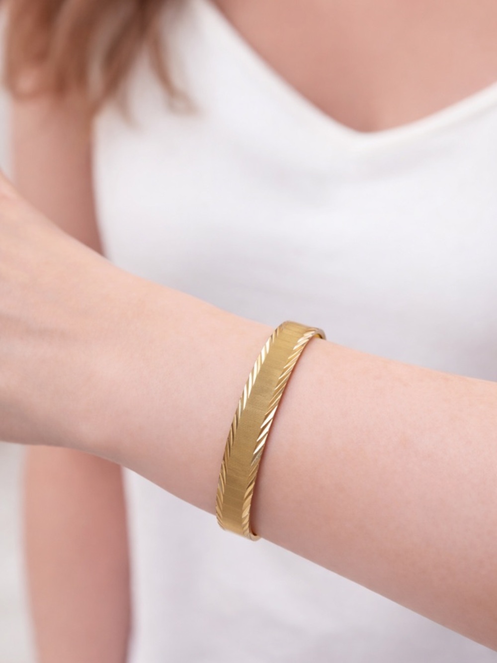Vintage Monet Gold Tone Textured Bangle Bracelet Signed 70s